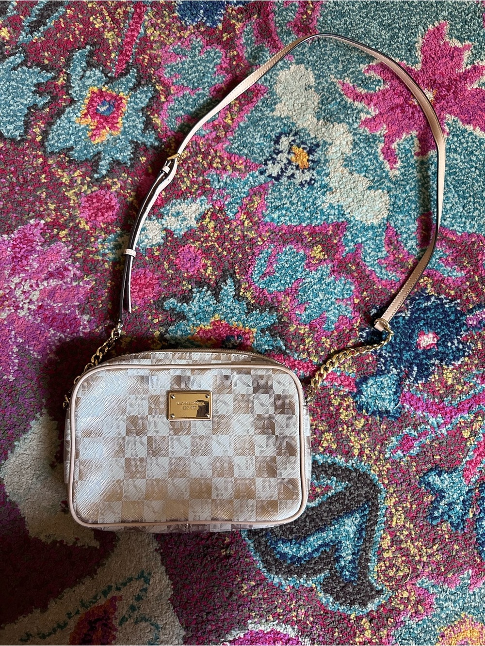 Michael Kors Cream Beige Check Crossbody Bag with Gold Plate